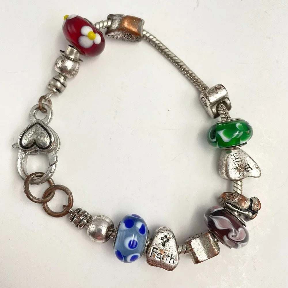Vintage Y2K Silver Charm Bracelet Beaded Faith Hope Love Religious Jewelry Retro